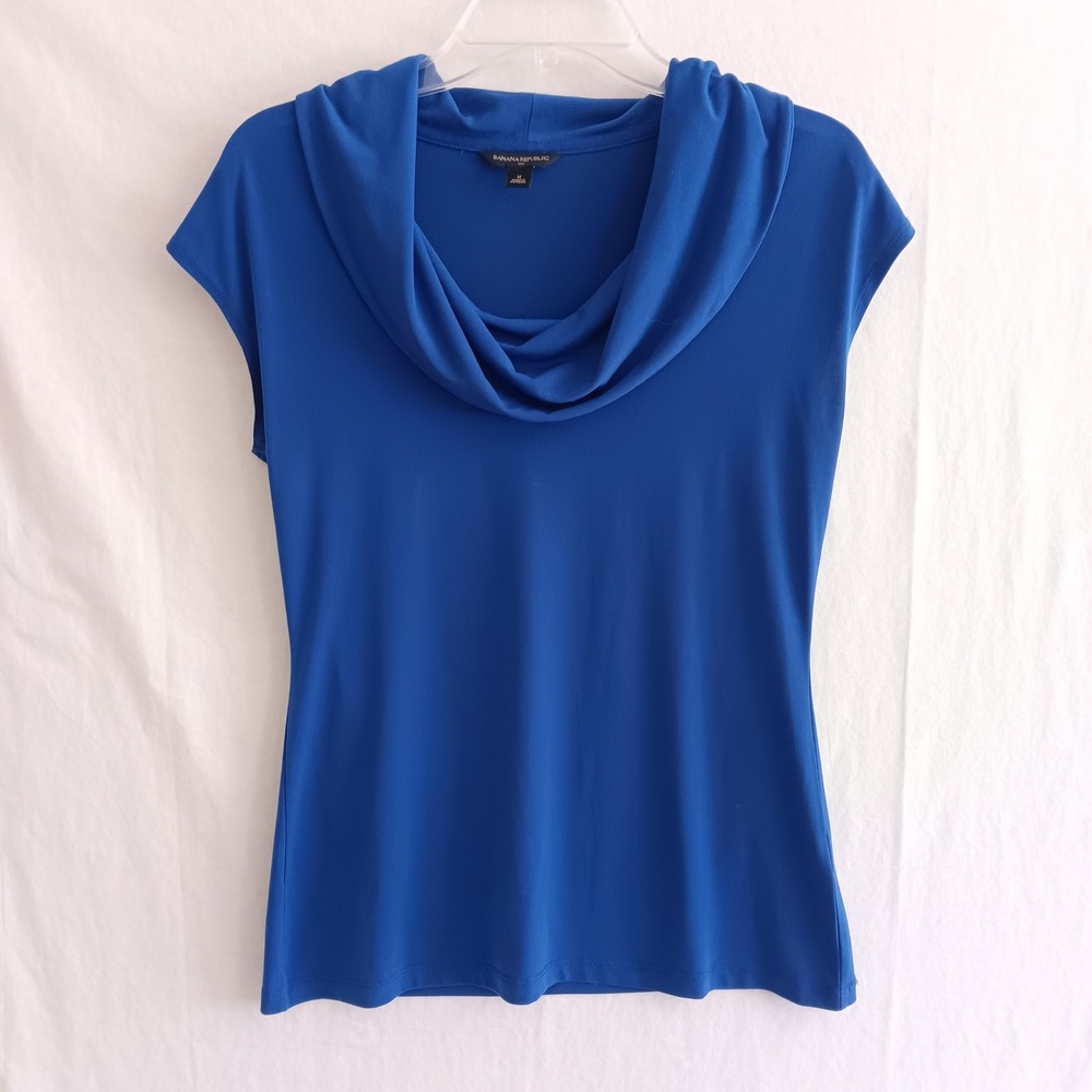 Banana Republic Cowl Neck Top Womens M Blue Excellent Cap Sleeve Stretch Jersey